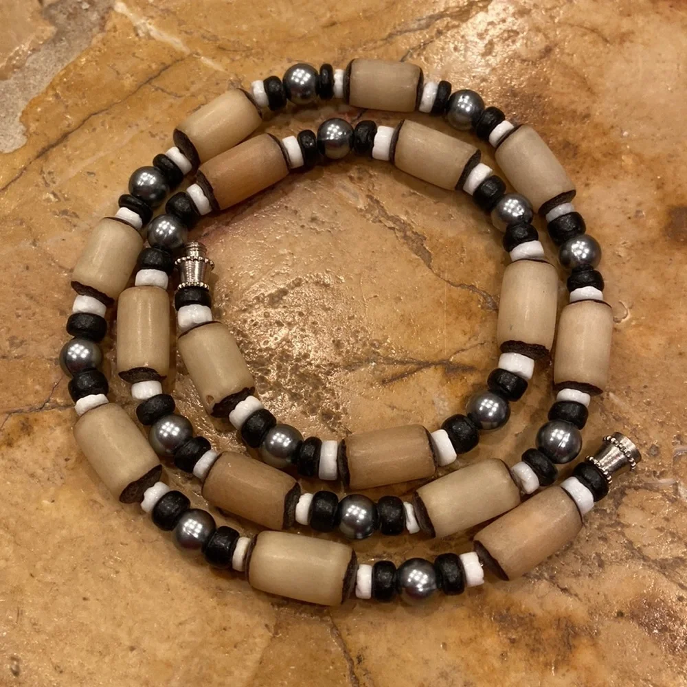 Coconut Wood Bead Necklace with Metal Spacer Accent Beads